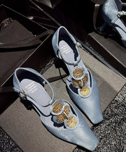 Boutique Blue Cowhide Leather High Heels Splicing Floral