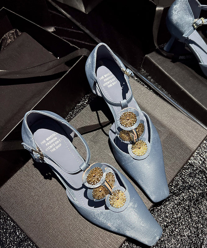 Boutique Blue Cowhide Leather High Heels Splicing Floral