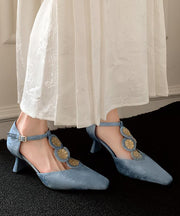 Boutique Blue Cowhide Leather High Heels Splicing Floral