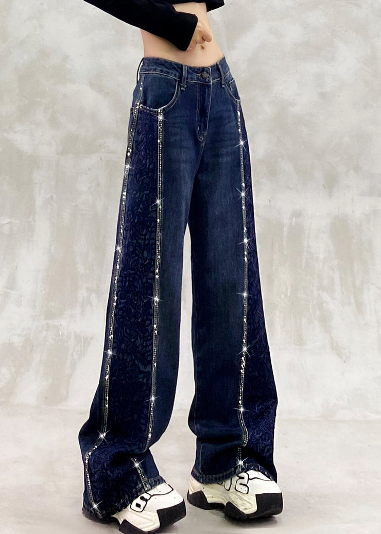 Boutique Blue Embroidered Zircon Patchwork Denim Pants Fall