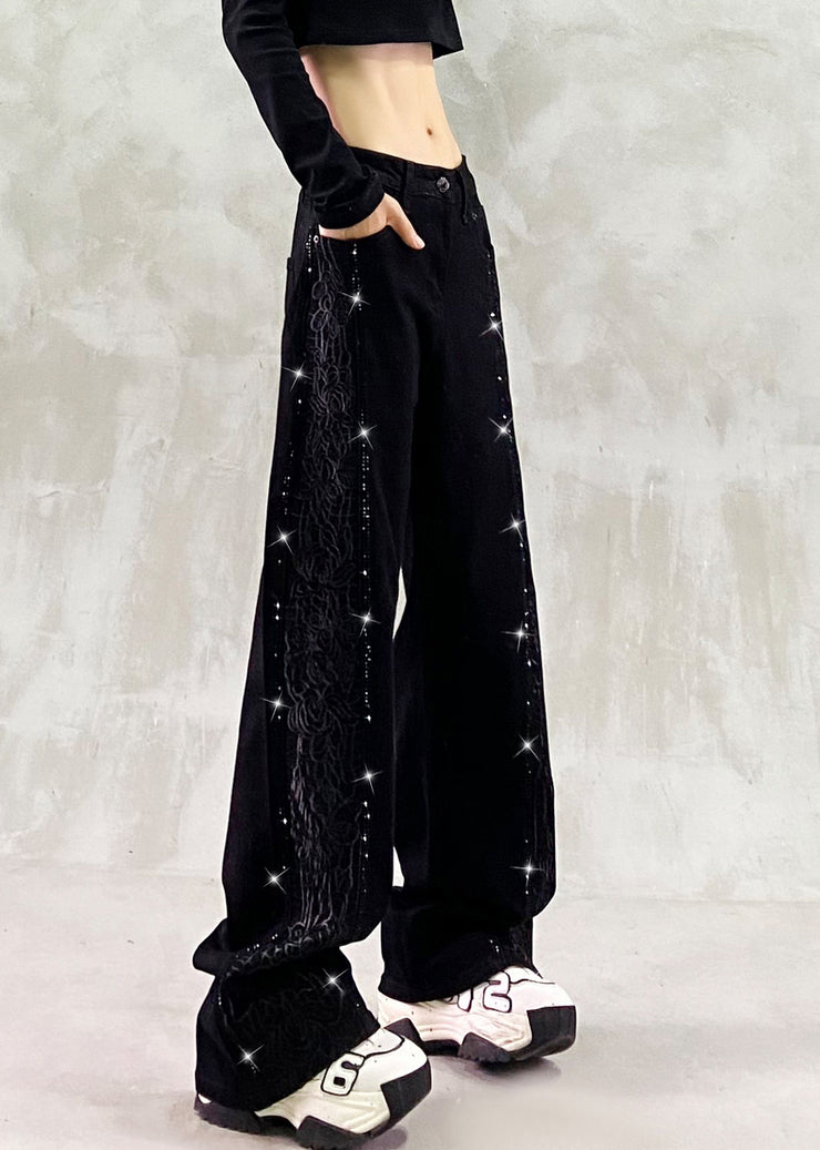 Boutique Blue Embroidered Zircon Patchwork Denim Pants Fall