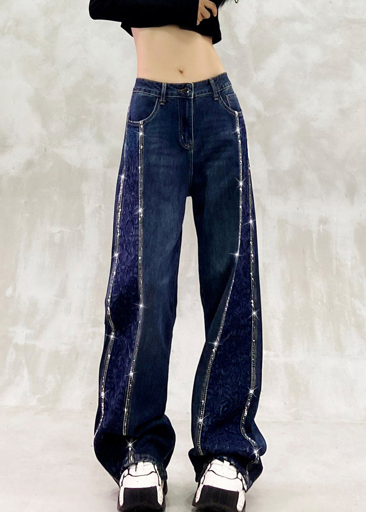 Boutique Blue Embroidered Zircon Patchwork Denim Pants Fall