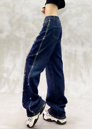 Boutique Blue Embroidered Zircon Patchwork Denim Pants Fall