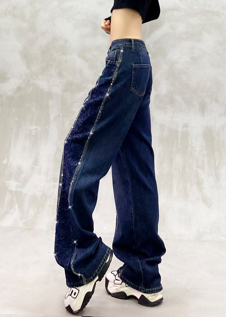 Boutique Blue Embroidered Zircon Patchwork Denim Pants Fall