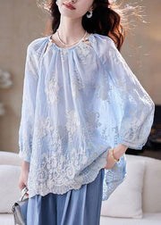 Boutique Blue O Neck Embroidered Cotton Blouses Summer