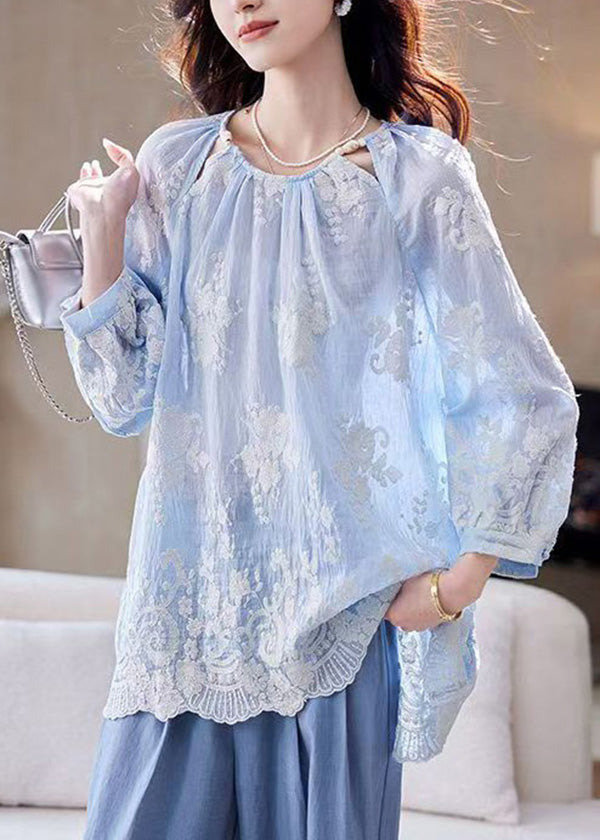Boutique Blue O Neck Embroidered Cotton Blouses Summer