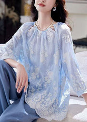 Boutique Blue O Neck Embroidered Cotton Blouses Summer