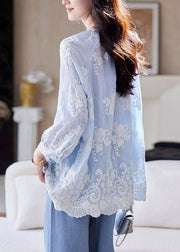 Boutique Blue O Neck Embroidered Cotton Blouses Summer