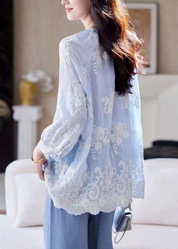 Boutique Blue O Neck Embroidered Cotton Blouses Summer