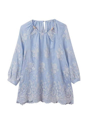 Boutique Blue O Neck Embroidered Cotton Blouses Summer