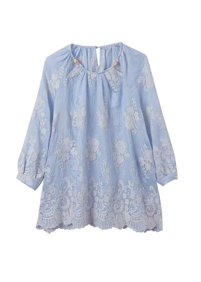 Boutique Blue O Neck Embroidered Cotton Blouses Summer