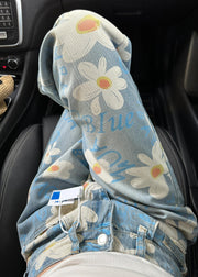 Boutique Blue Oversized Print Denim Straight Pants Fall