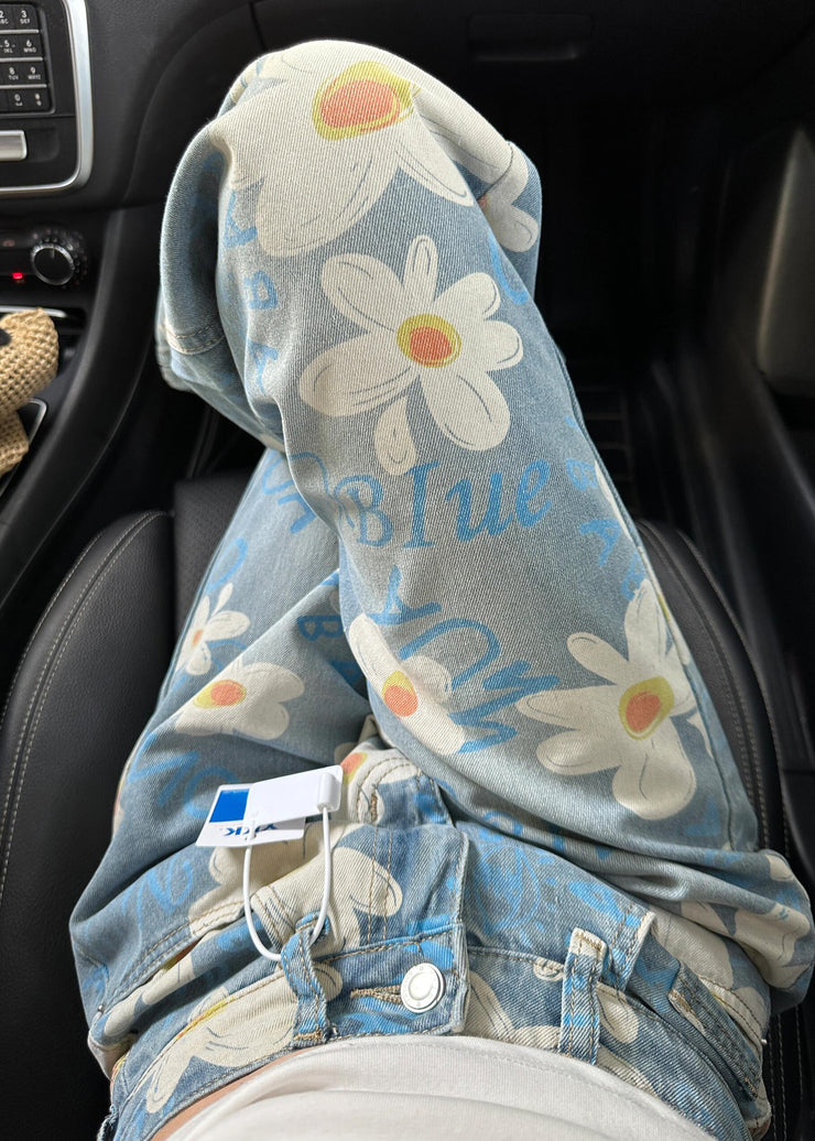Boutique Blue Oversized Print Denim Straight Pants Fall