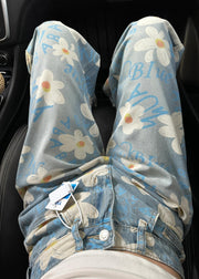 Boutique Blue Oversized Print Denim Straight Pants Fall