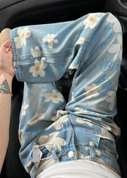 Boutique Blue Oversized Print Denim Straight Pants Fall