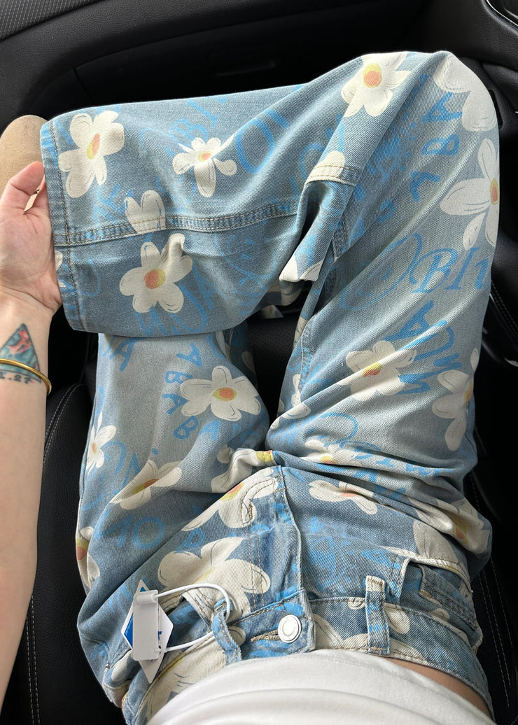 Boutique Blue Oversized Print Denim Straight Pants Fall