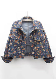 Boutique Blue Peter Pan Collar Print Denim Coats Fall