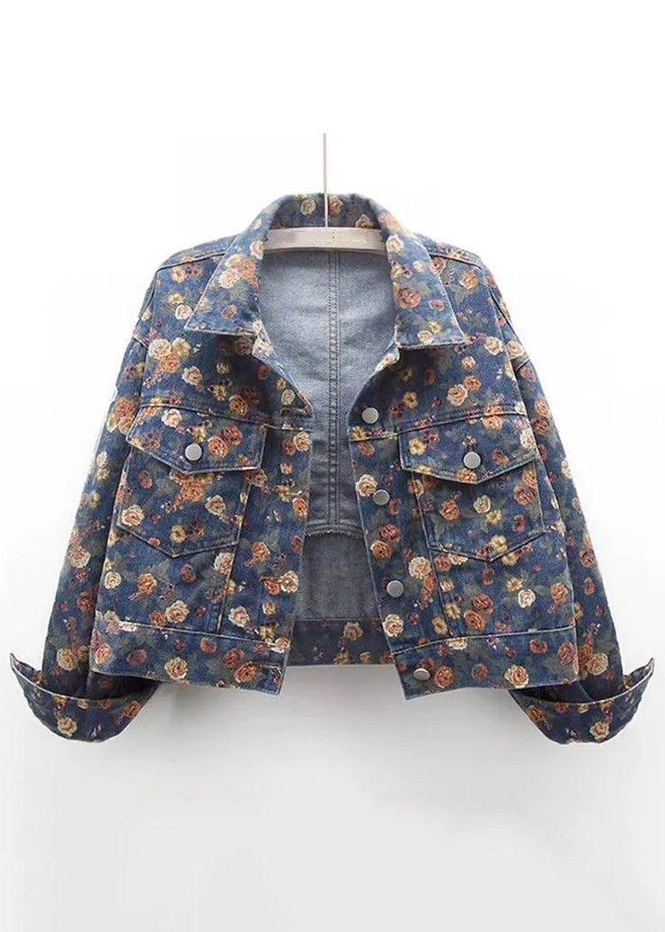 Boutique Blue Peter Pan Collar Print Denim Coats Fall