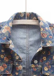 Boutique Blue Peter Pan Collar Print Denim Coats Fall