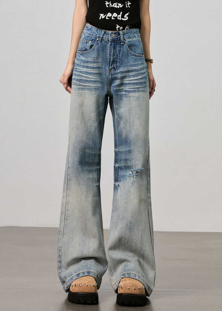 Boutique Blue Pockets High Waist Denim Ripped Pants Fall