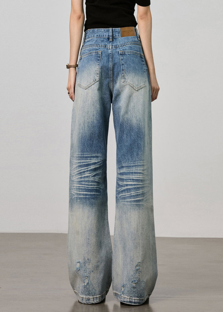 Boutique Blue Pockets High Waist Denim Ripped Pants Fall
