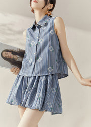 Boutique Blue Print Button Cotton Top And Skirts Two Piece Set Sleeveles