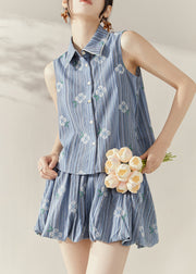 Boutique Blue Print Button Cotton Top And Skirts Two Piece Set Sleeveles