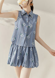 Boutique Blue Print Button Cotton Top And Skirts Two Piece Set Sleeveles