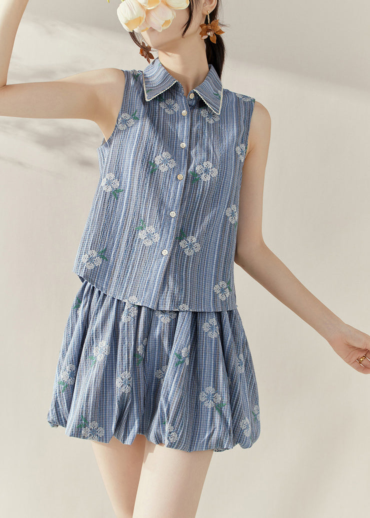 Boutique Blue Print Button Cotton Top And Skirts Two Piece Set Sleeveles