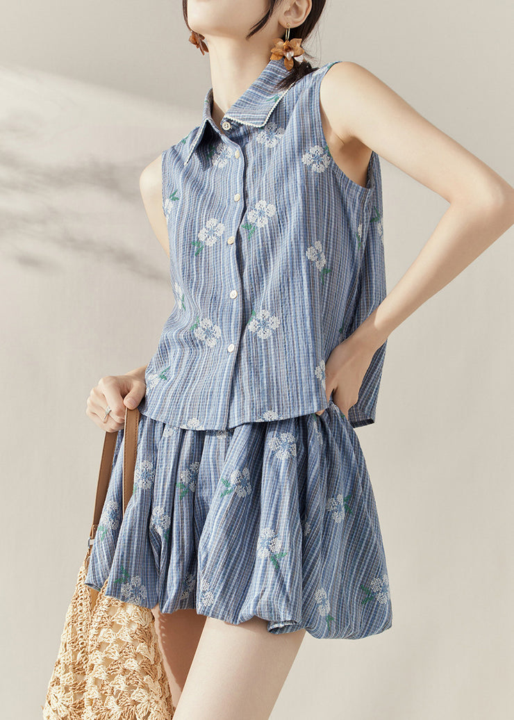 Boutique Blue Print Button Cotton Top And Skirts Two Piece Set Sleeveles