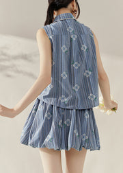 Boutique Blue Print Button Cotton Top And Skirts Two Piece Set Sleeveles