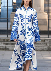 Boutique Blue Print Chinese Button Oriental Dress Spring