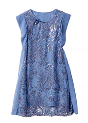Boutique Blue Sequins Embroidered Chiffon Dresses Summer