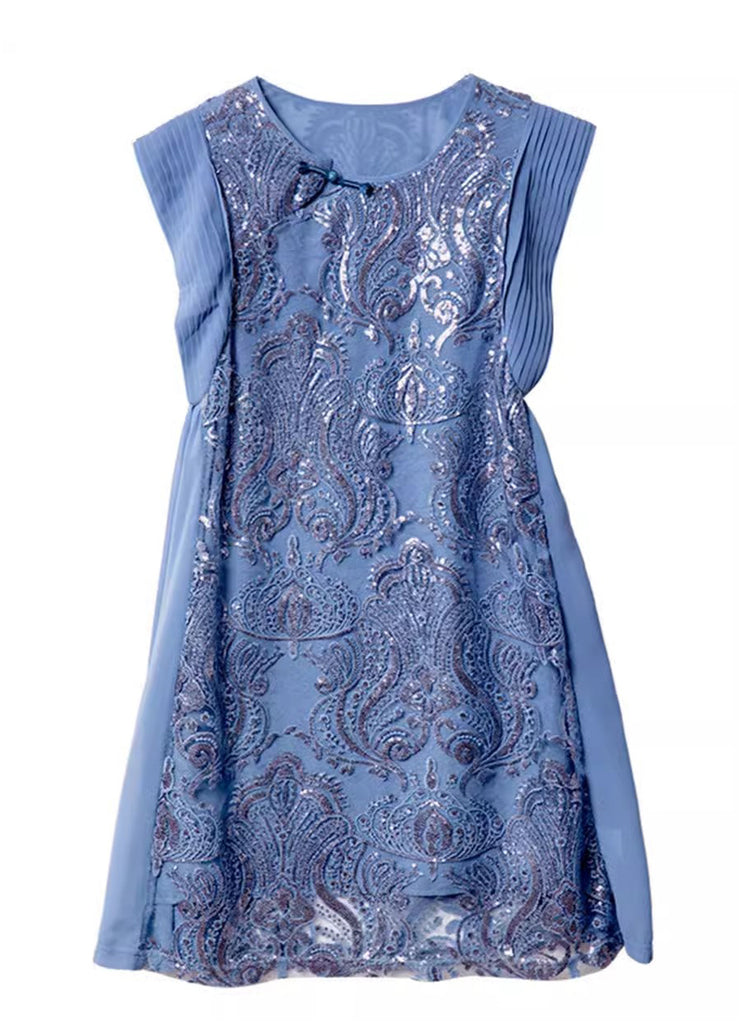 Boutique Blue Sequins Embroidered Chiffon Dresses Summer