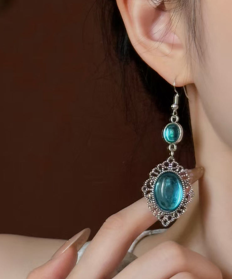 Boutique Blue Sterling Silver Gem Stone Hollow Out Drop Earrings