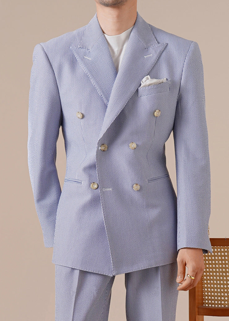 Boutique Blue Striped Double Breast Pockets Cotton Men Coat Fall