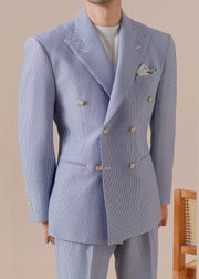 Boutique Blue Striped Double Breast Pockets Cotton Men Coat Fall