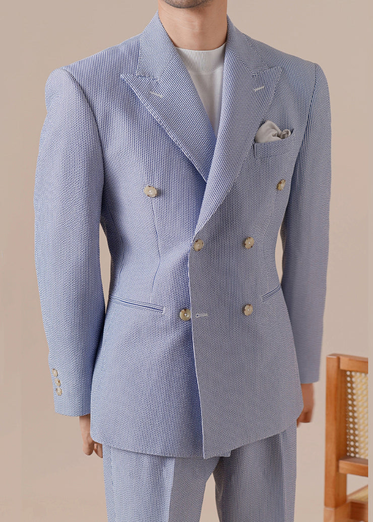 Boutique Blue Striped Double Breast Pockets Cotton Men Coat Fall