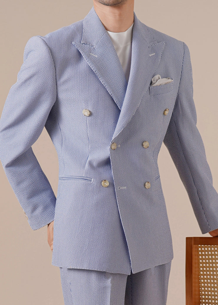 Boutique Blue Striped Double Breast Pockets Cotton Men Coat Fall