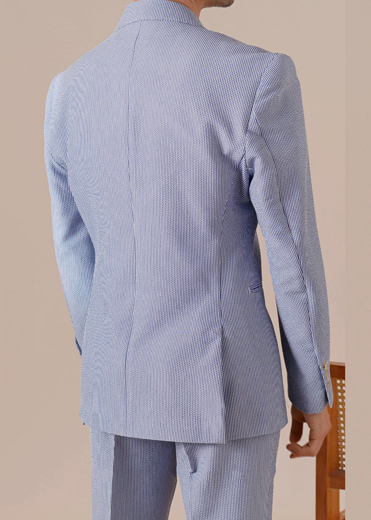 Boutique Blue Striped Double Breast Pockets Cotton Men Coat Fall
