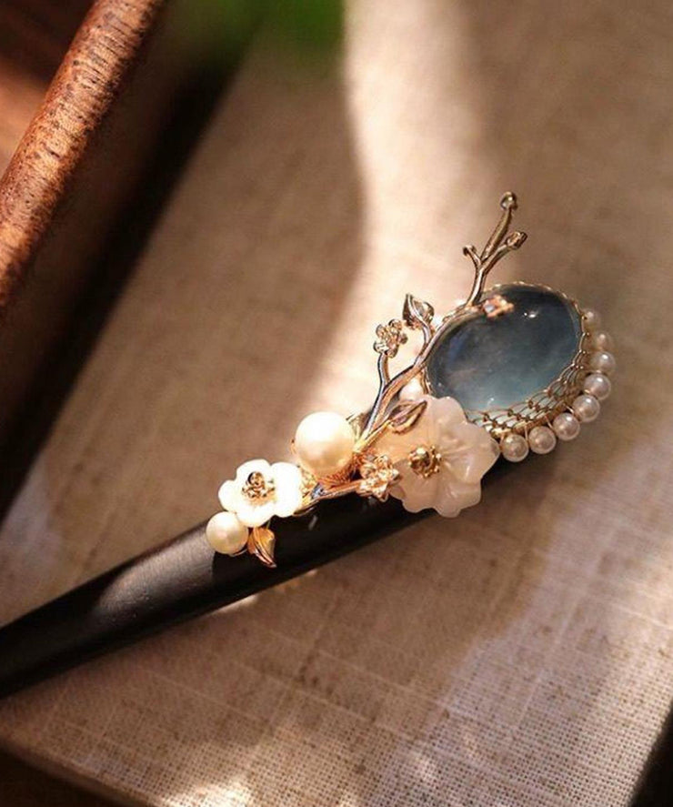Boutique Blue Wooden Pearl Floral Crystal Hairpin
