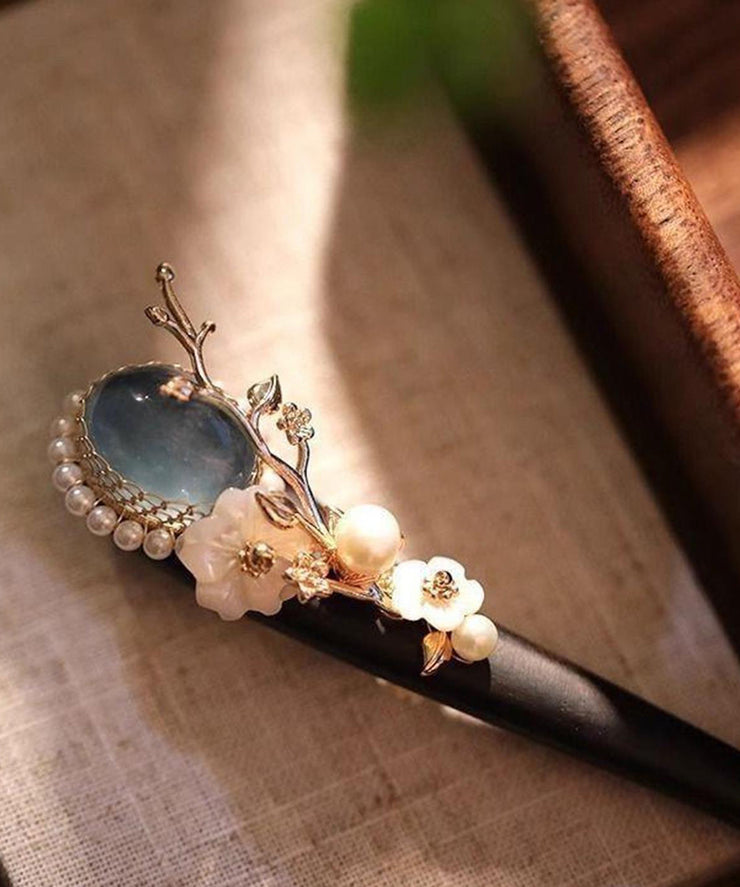 Boutique Blue Wooden Pearl Floral Crystal Hairpin