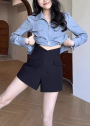 Boutique Blue Zip Up Patchwork Front Open Denim Shirt Tops Fall