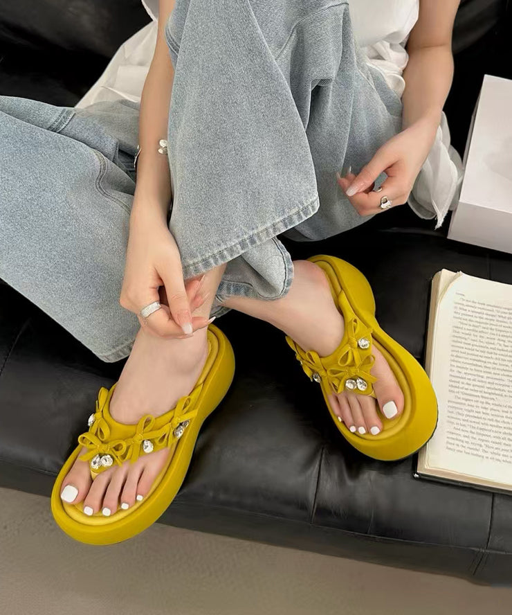 Boutique Bow Splicing Platform Flip Flops Yellow Faux Leather