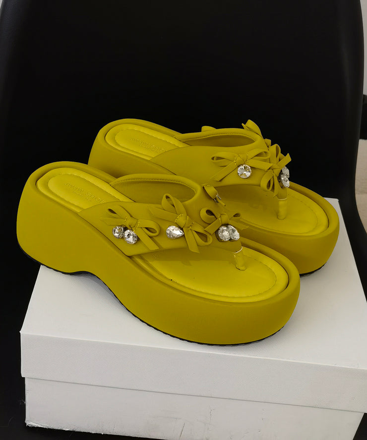 Boutique Bow Splicing Platform Flip Flops Yellow Faux Leather