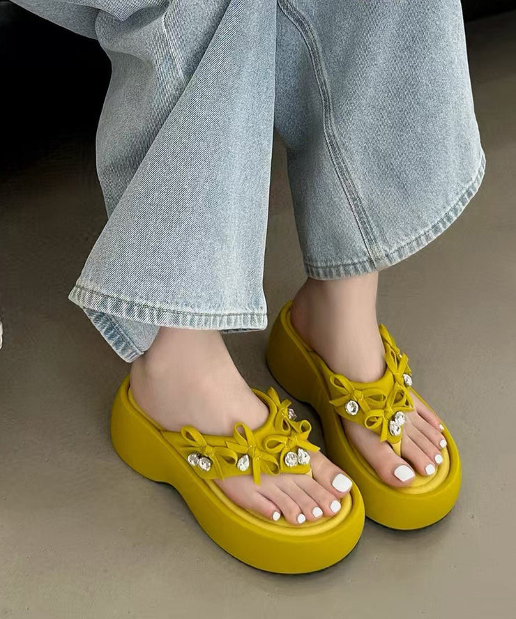 Boutique Bow Splicing Platform Flip Flops Yellow Faux Leather