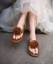 Boutique Brown Cowhide Leather Flip Flops Splicing Floral