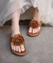Boutique Brown Cowhide Leather Flip Flops Splicing Floral