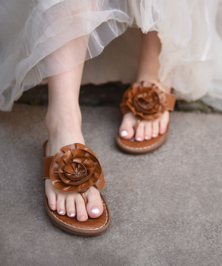 Boutique Brown Cowhide Leather Flip Flops Splicing Floral