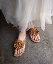 Boutique Brown Cowhide Leather Flip Flops Splicing Floral